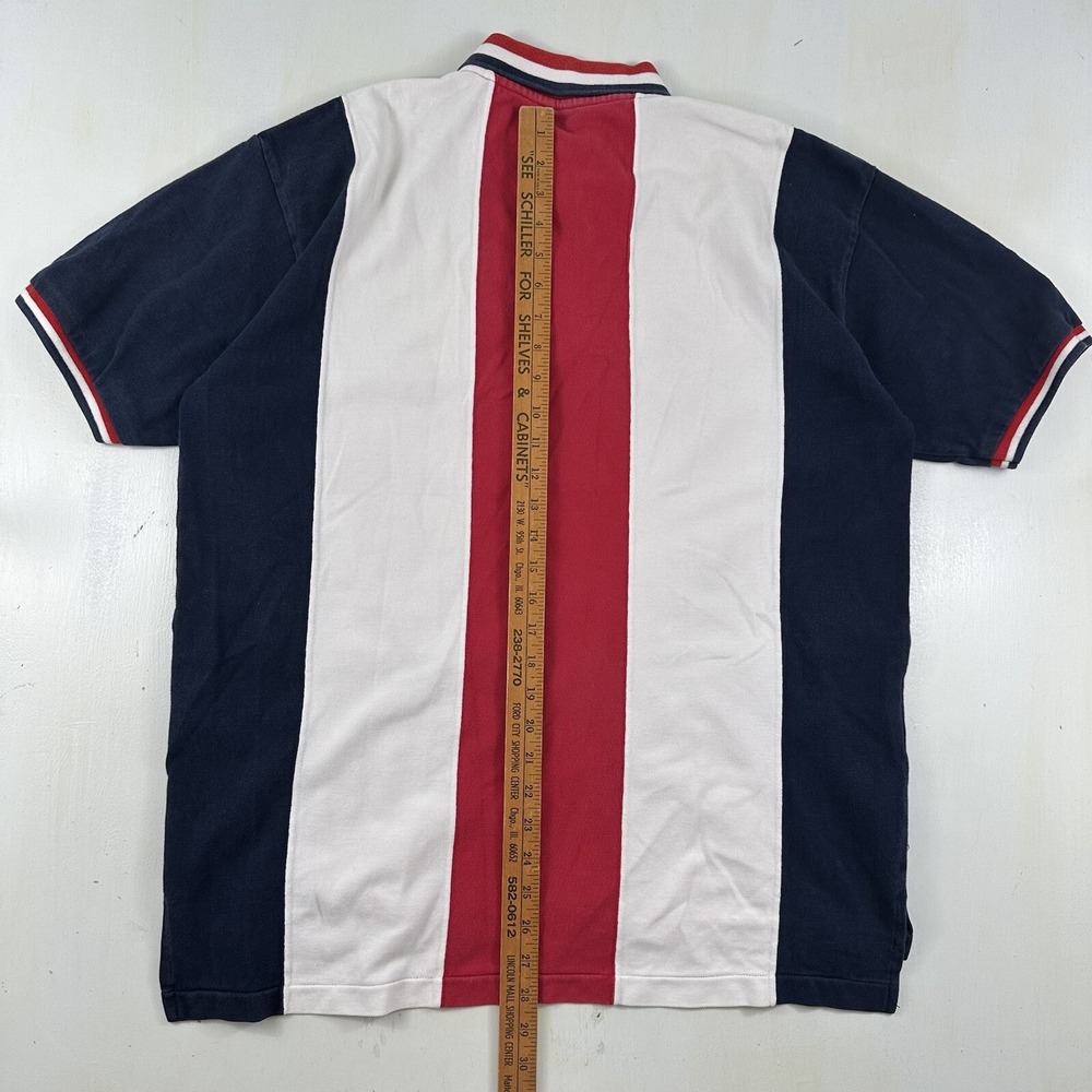 VTG Colorblock Polo Shirt Men Large Short Sleeve Red Blue Vertical Stripes Y2K - Picture 8 of 10